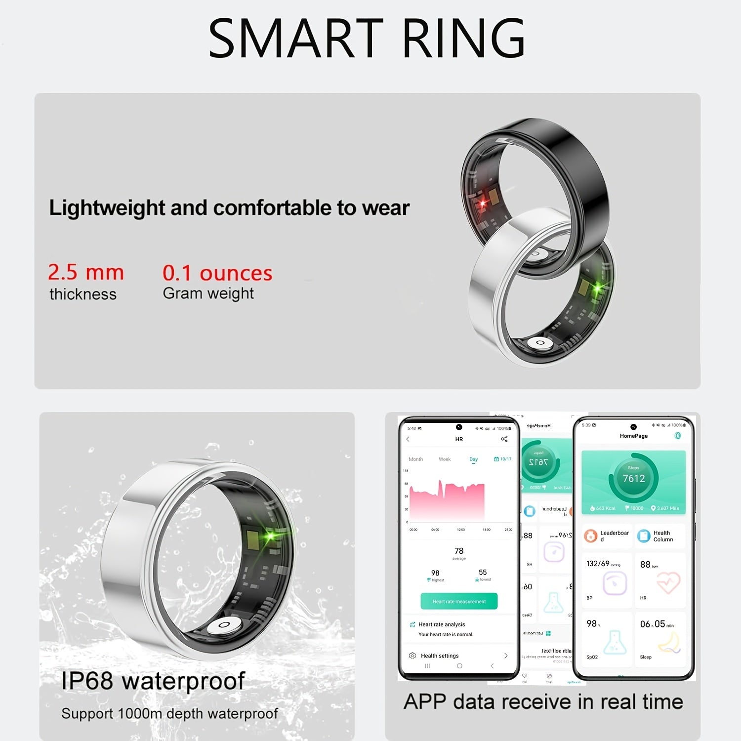 Smart Fitness Ring Bluetooth 5.3 Heart Rate HRV Sleep Steps Calorie Body Temp Stress Tracker No Subscription iPhone Android Compatible Sizes 7-13 Black Silver Gold