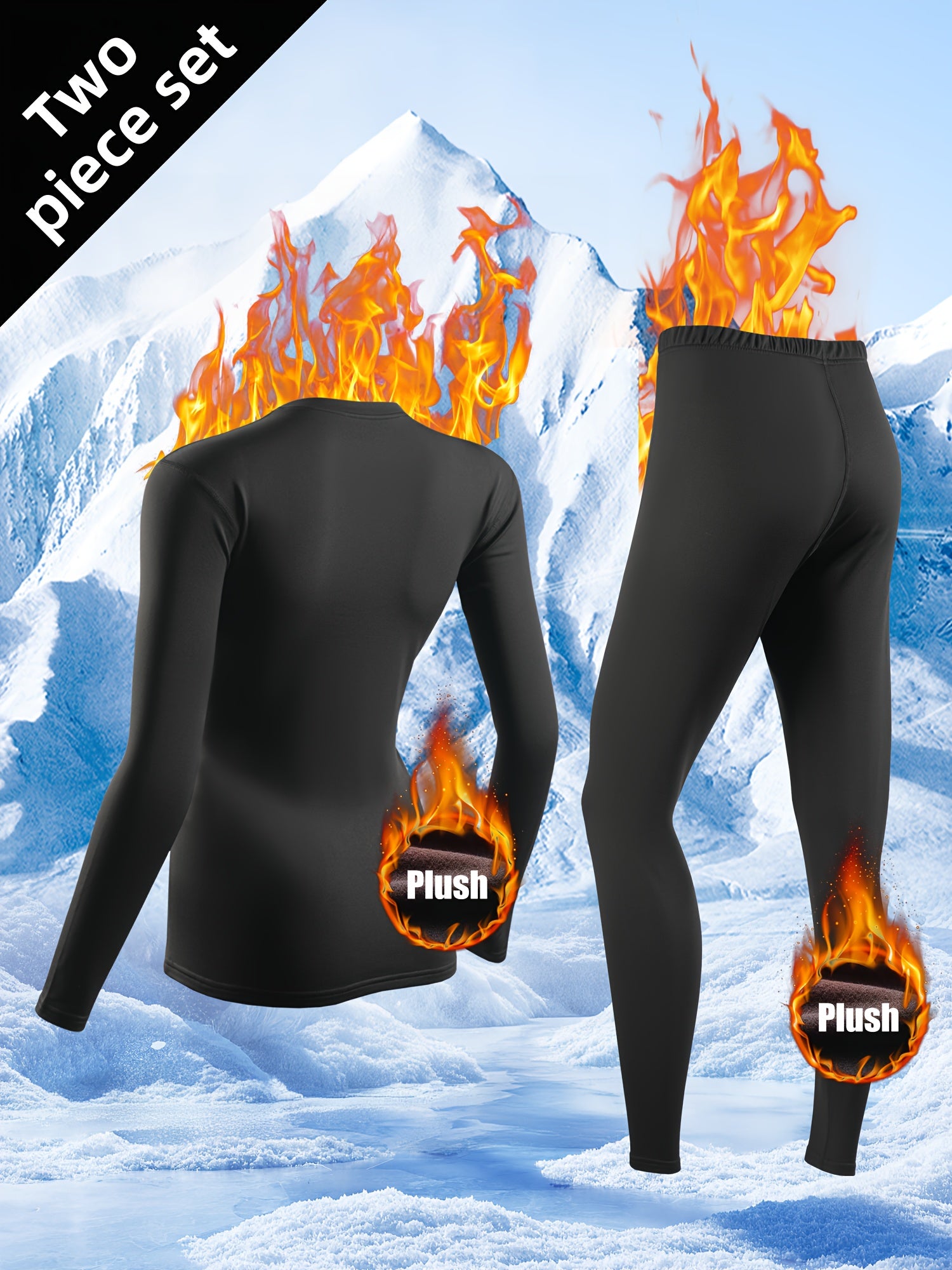 Women's Thermal Underwear Set 2-Piece – Compression Base Layer Lined Leggings & Top for Winter Sports Skiing Yoga Cycling, Soft Knit 90% Polyester, Black, S-XXL