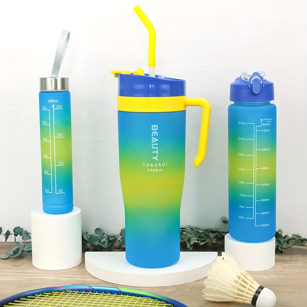 5-Piece Gradient Water Bottle Set 46oz 27oz 9oz with Straw Spill-Proof Lid & Stickers - BPA-Free Leak-Proof Plastic Sports Bottles for Gym Travel Outdoor Car Cup Holder - Gift Set