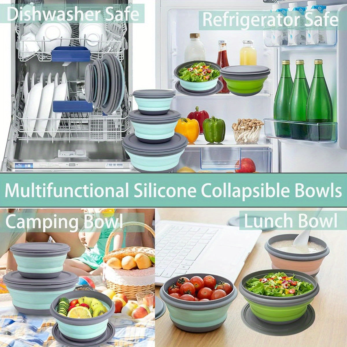 Foldable Camping Bowls with Lids 3-Pack – Collapsible Silicone Food Containers, Rust-Proof PP, Folding Utensils & Storage Bag Included | Stackable Camp Kitchen Bowls | Blue & Pink