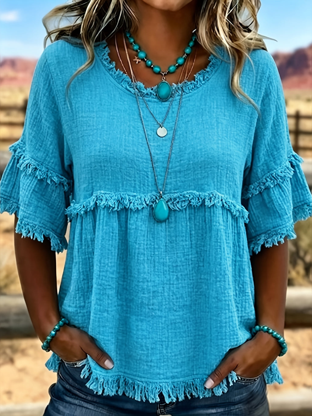 Women's Fringed Trim Short Sleeve Casual Blouse – Soft Knit Crew Neck Top for Summer, Beach & Everyday Wear | Royal Blue, Aquamarine, Sky Blue, Grey, Green (S-XXL)