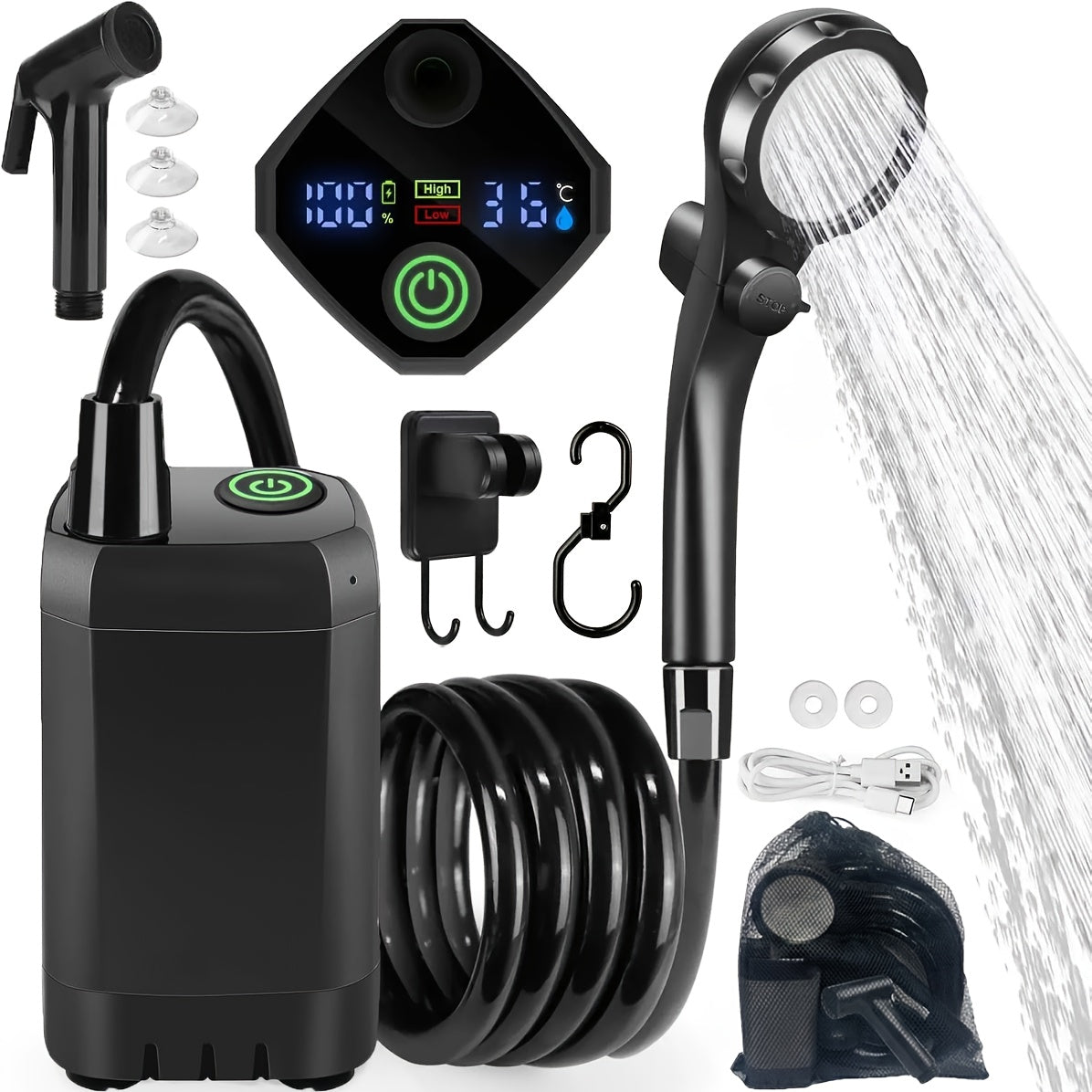 Portable Camping Shower Pump 6000mAh Rechargeable, IPX7 Waterproof Outdoor Shower with LED Display Multiple Modes 120 Min Runtime, Handheld Camp Shower for Hiking Pet Washing Car Beach Travel