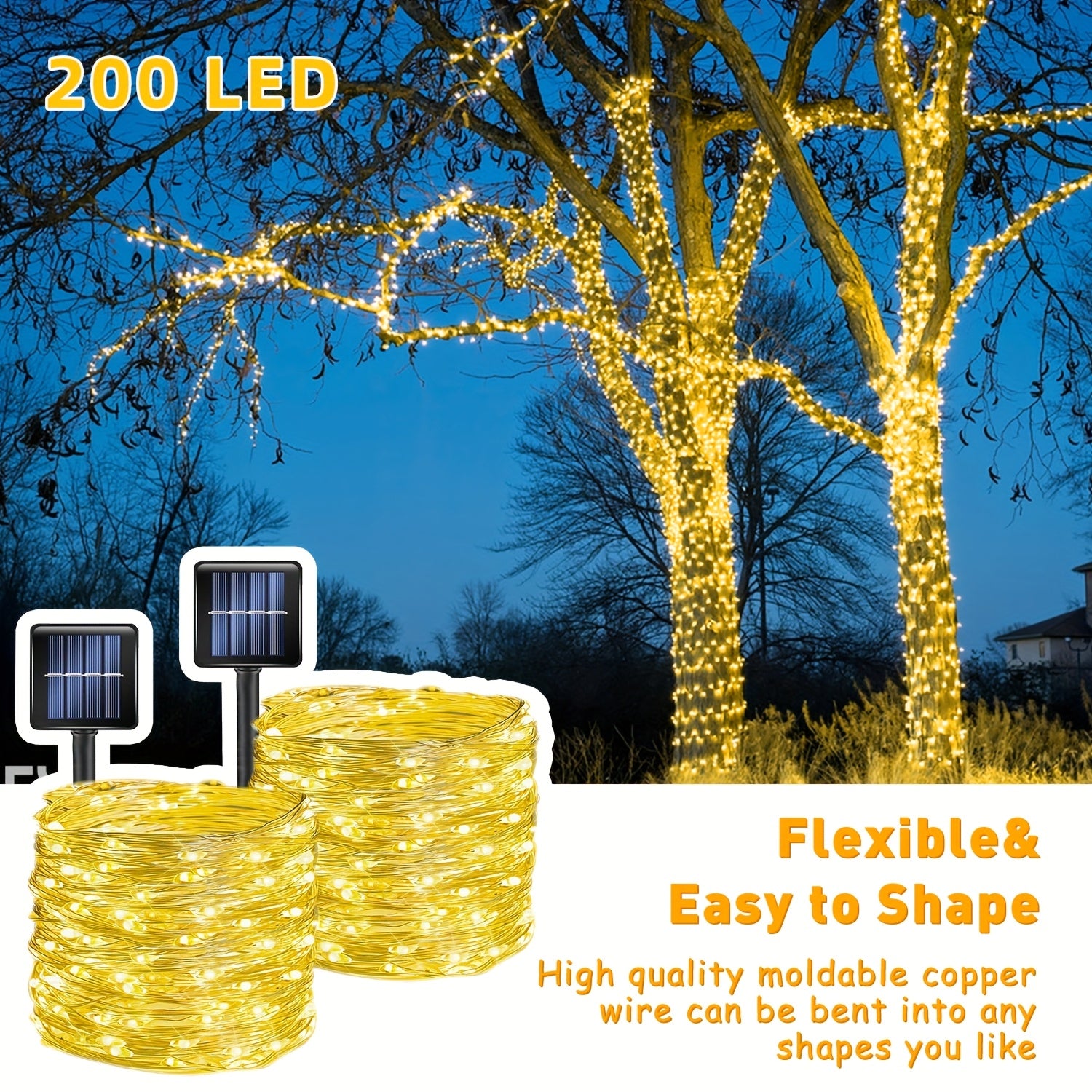 Solar String Lights Outdoor 2 Pack – 300 LED 104FT Copper Wire Fairy Lights, 12 Modes, IP65 Waterproof, Warm White for Garden Yard Tree Patio Wedding Christmas Party