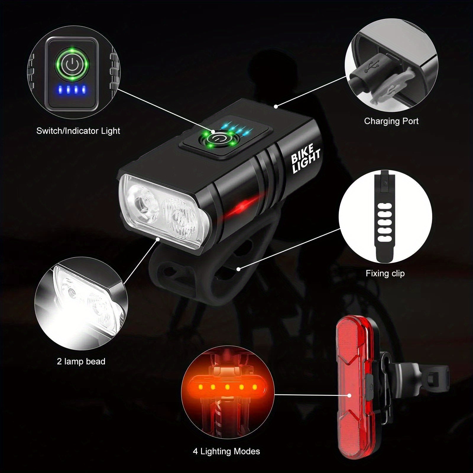 LED Bike Light Set 2pcs USB Rechargeable 1500 Lumen Headlight with Whistle 6 Front Modes 4 Tail Modes Power Display Waterproof Safety Bicycle Lights for Night Riding