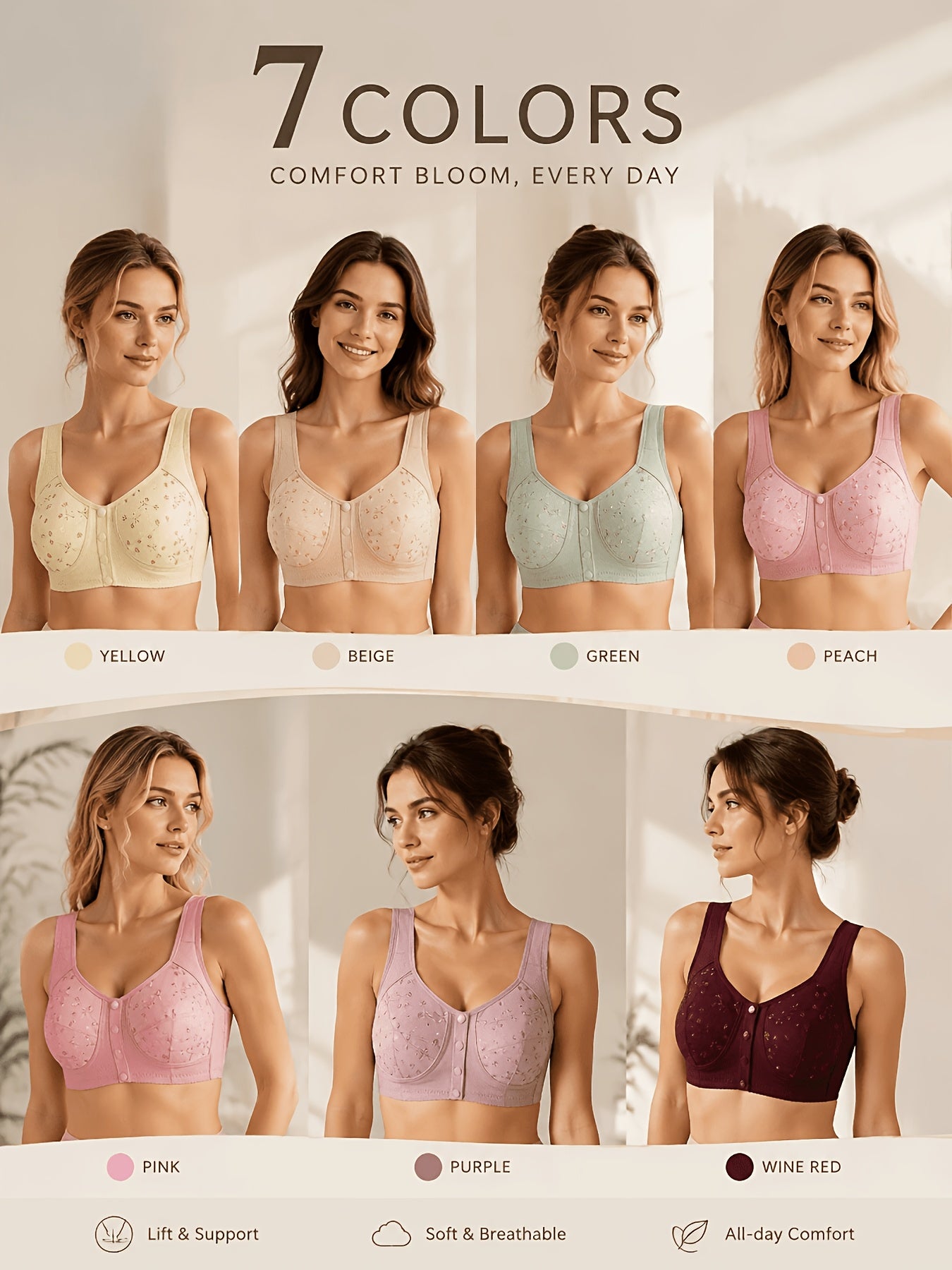 7-Pack Seamless Wireless Bra Set for Women – Front Button Soft No Underwire Breathable Bras for Daily Yoga Travel Mixed Color Green Mixed S-XXL