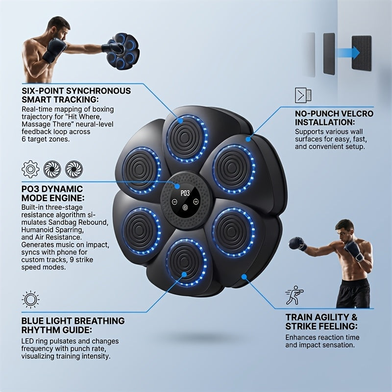 Wall-Mounted Wireless Boxing Machine 9-Speed Adjustable Punch Trainer with Counter LED Lights & Wireless Music – 6 Target Positions Home Gym Boxing Trainer with Gloves – Smart Boxing Pad for Adults