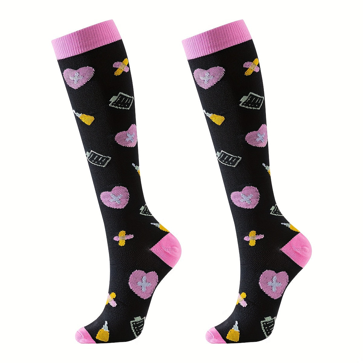 6 Pairs Knee High Compression Socks Unisex Over the Knee Athletic Stockings 65% Nylon Fun Cartoon Pattern for Running Gym Sports Women Men Sizes S/M L/XL