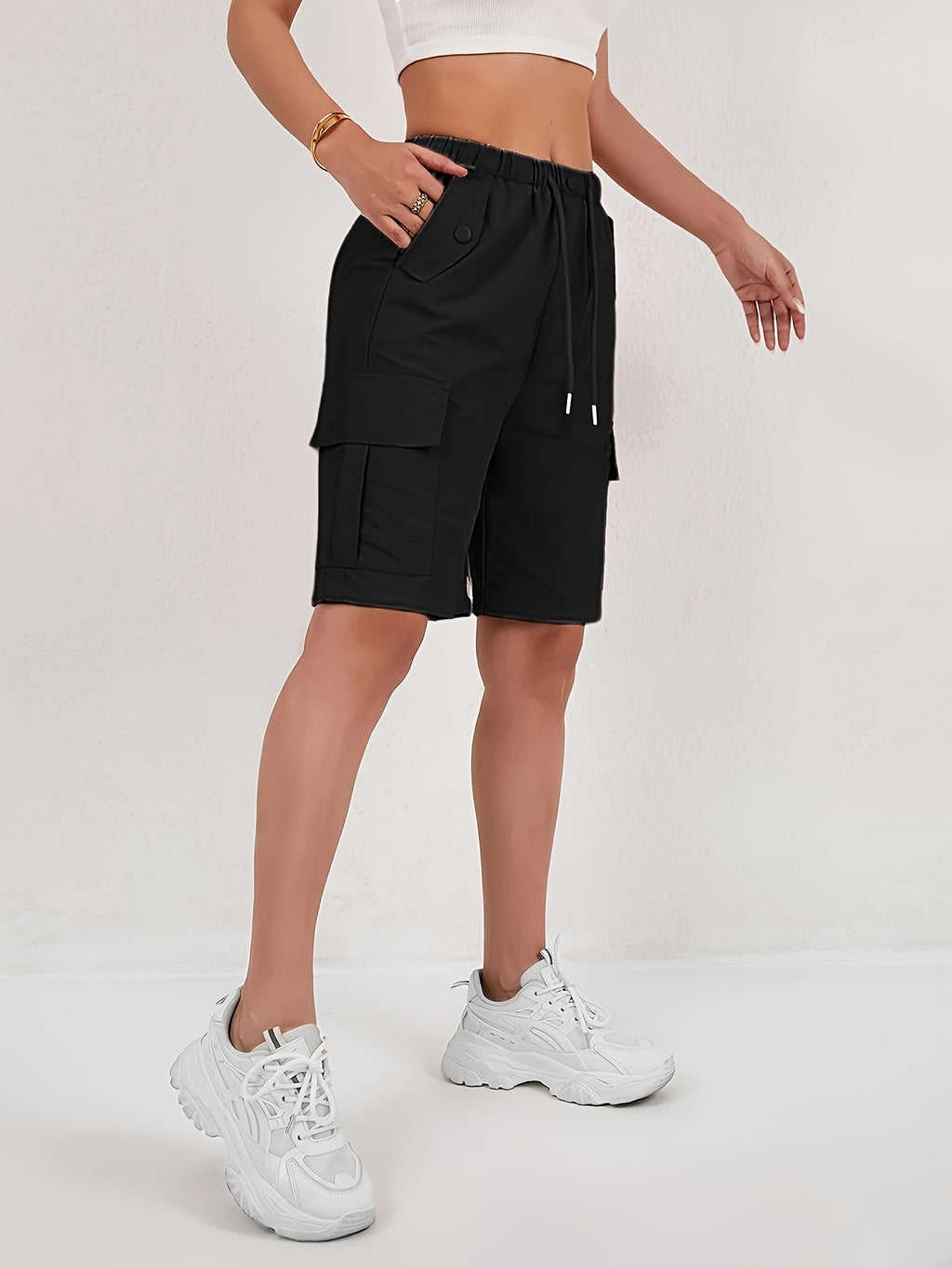 Women's Cargo Shorts 2-Pack - Lightweight Straight-Leg Mid-Thigh Bermuda Shorts with Multiple Pockets & Adjustable Drawstring Waist, Machine Washable Casual Outdoor Shorts S-XXL