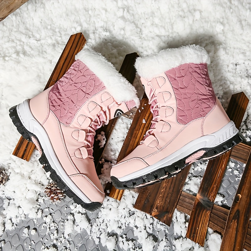 Women's High Top Snow Boots – Non-Slip Warm Fleece-Lined Winter Boots, Rubber Sole, Lace-Up, Outdoor Travel, US 5.5-10, Black White Hot Pink