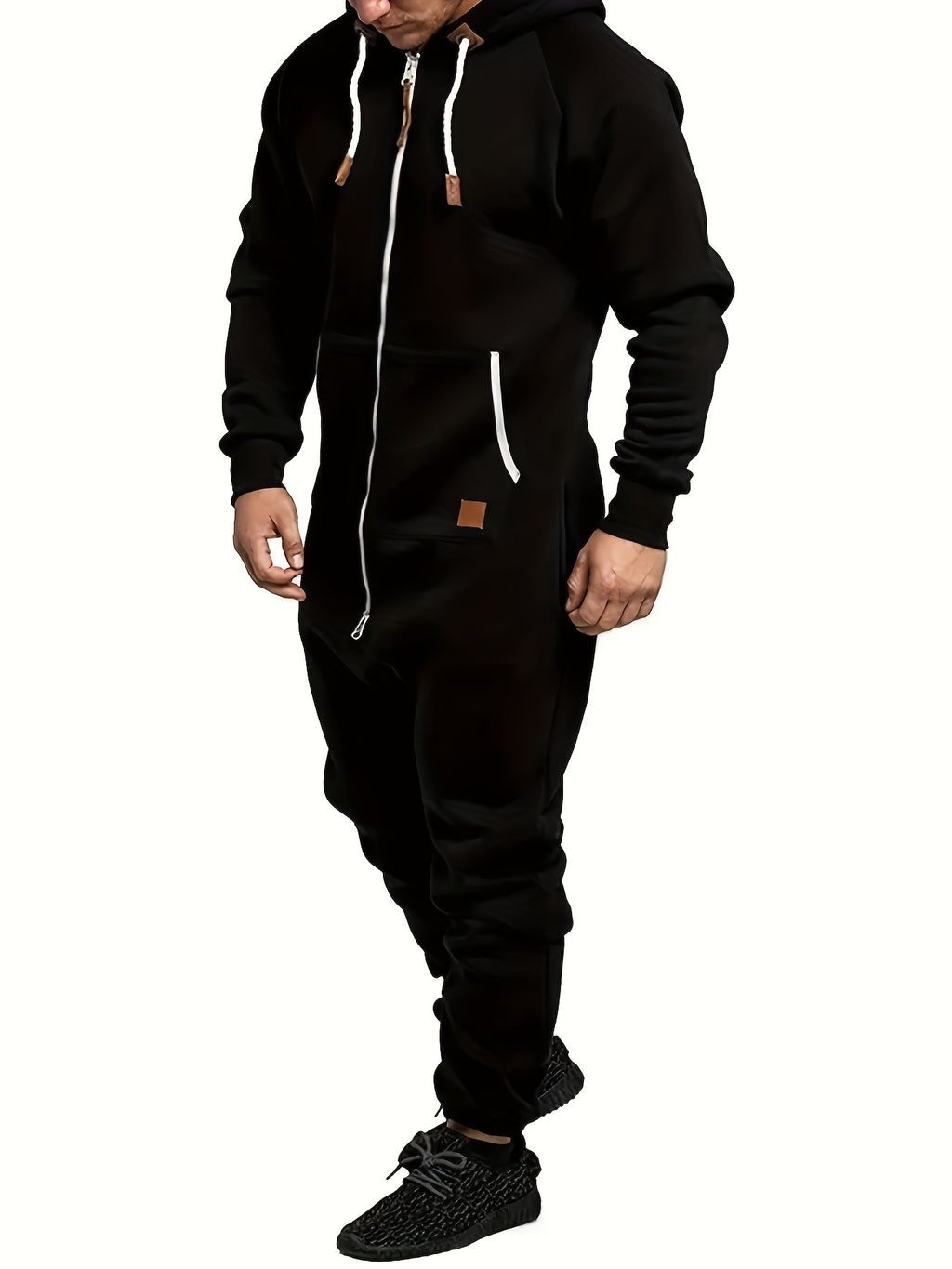 Men's Hooded Fleece Lined Jumpsuit Full Zip – Long Sleeve One Piece Romper with Kangaroo Pocket for Casual Sports Travel Fall Winter, Black Fern Green Red, S-XXXL
