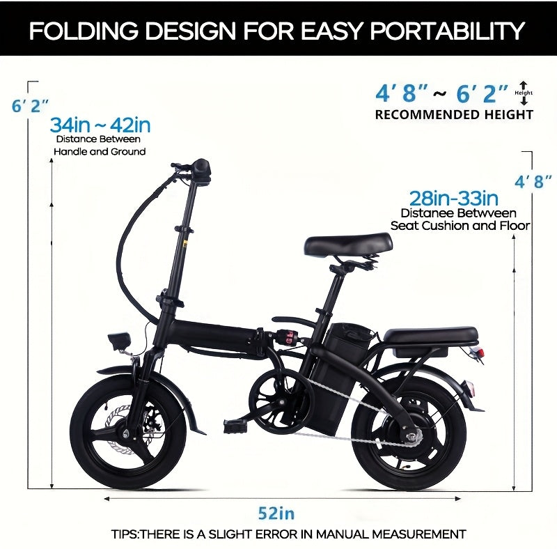 14 Inch Foldable Electric Bicycle for Adults 19MPH 48V Lithium Battery 18-28 Mile Range 330 LB Capacity Portable Folding E-Bike for Urban Commuting Outdoor Cycling - Optional Lock Phone Holder Basket
