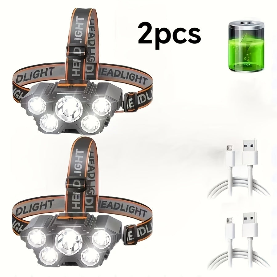 LED Headlamp USB Rechargeable 2-Pack – 5 LED 4 Lighting Modes IPX3 Waterproof Lithium Battery Head Lamp for Camping, Hiking, Fishing & Emergency Use