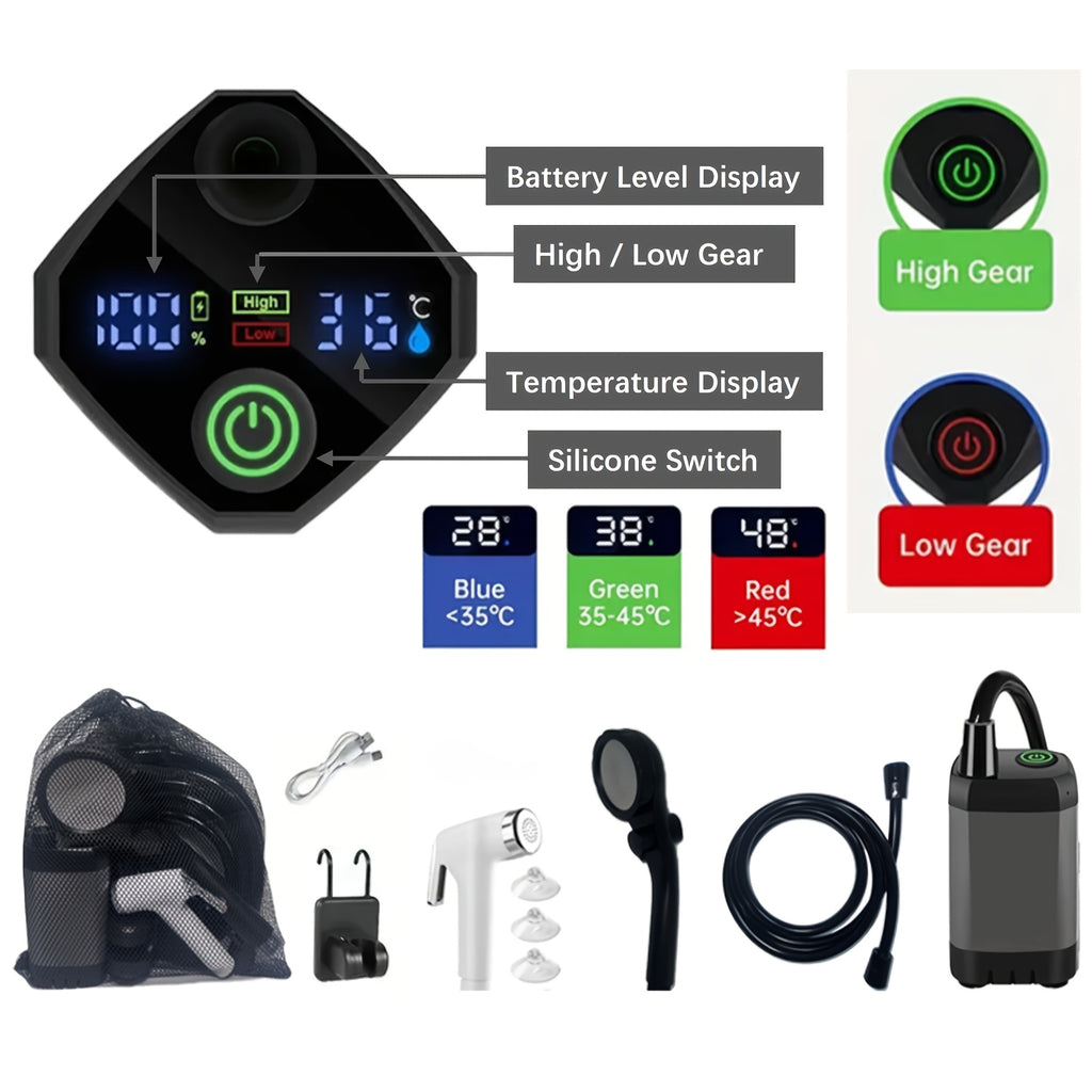 Portable Camping Shower Pump 6000mAh Rechargeable, IPX7 Waterproof Outdoor Shower with LED Display Multiple Modes 120 Min Runtime, Handheld Camp Shower for Hiking Pet Washing Car Beach Travel