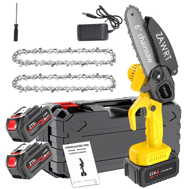 6-Inch Mini Chainsaw Cordless - Rechargeable Lithium Battery with Adjustable Chain, Safety Lock & Splash Guard, Multiple Bundle Options for Garden Branch Trimming, Tree Pruning & Gift