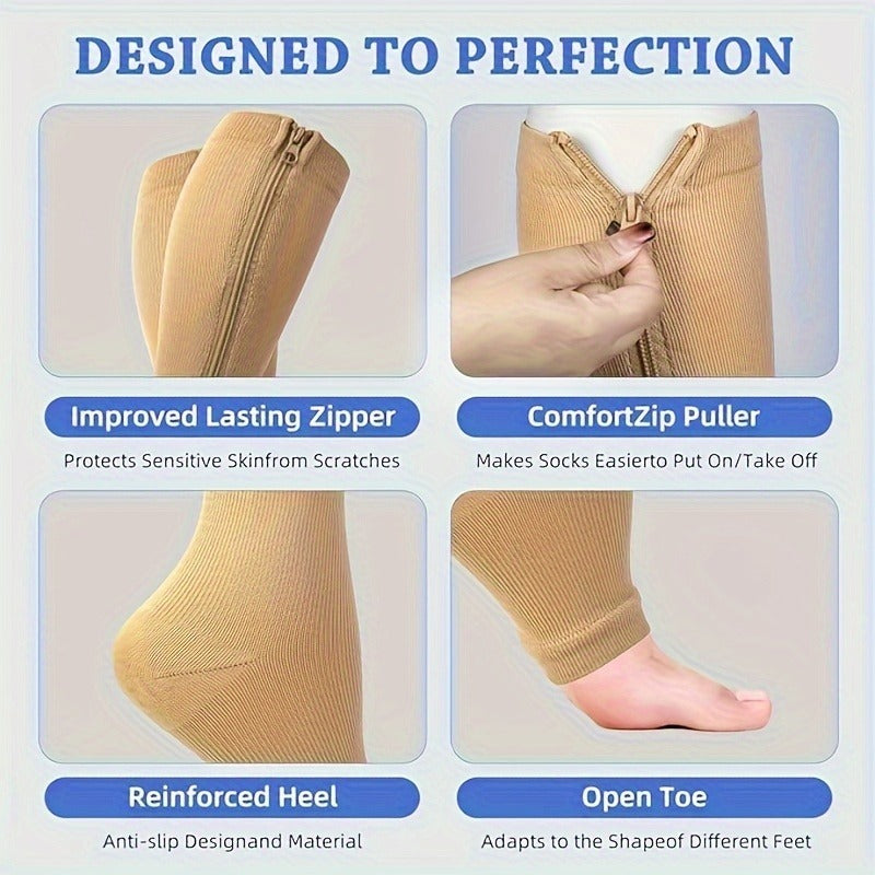 3-Pack Zip Compression Socks Wide Calf – Unisex Thigh High Compression Socks for Men & Women, Plus Size, All Season Knit Fabric S/M, L/XL, XXL