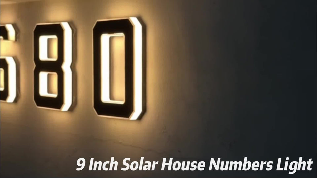 9 Inch Solar Lighted House Numbers for Outside - IP44 Waterproof, Auto Light Sensor, 9hr Illumination, Modern Exterior Address Sign, Numbers 0-9 & Letters A-D