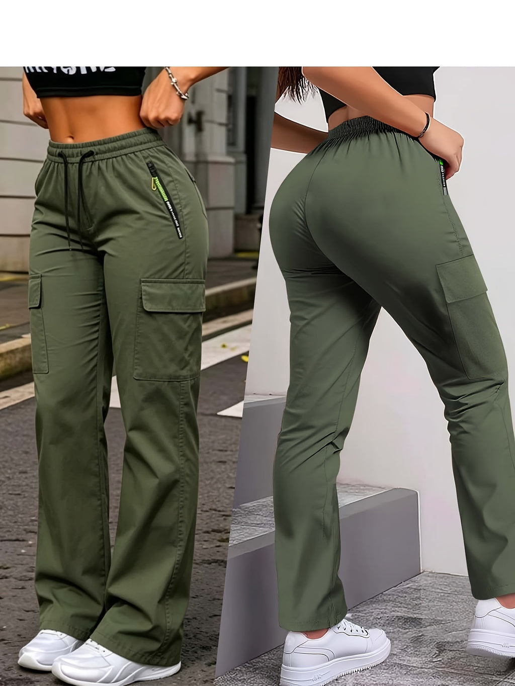 Women's Slim Cargo Pants 2-Pack Multi-Pocket Drawstring Waist Zip Pocket Straight Leg – Casual Trousers for Outdoor Sports Everyday Wear & Dates