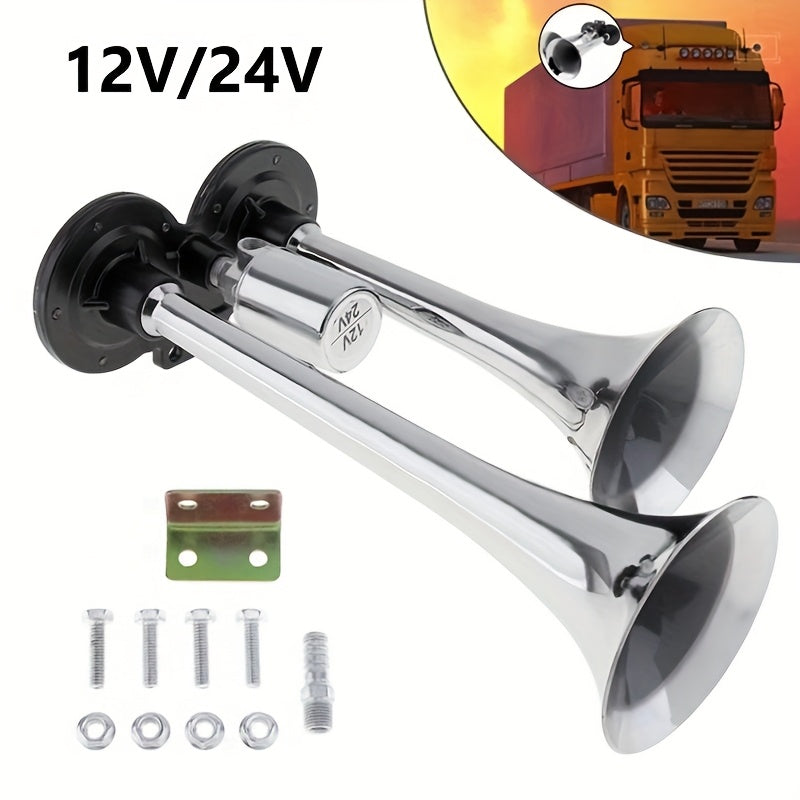 Air Horn Kit 12V 24V Ultra Loud 105-137dB Dual Trumpet Horn with Air Compressor for Truck SUV Motorcycle Boat Train Car Pickup Aluminum Alloy Universal