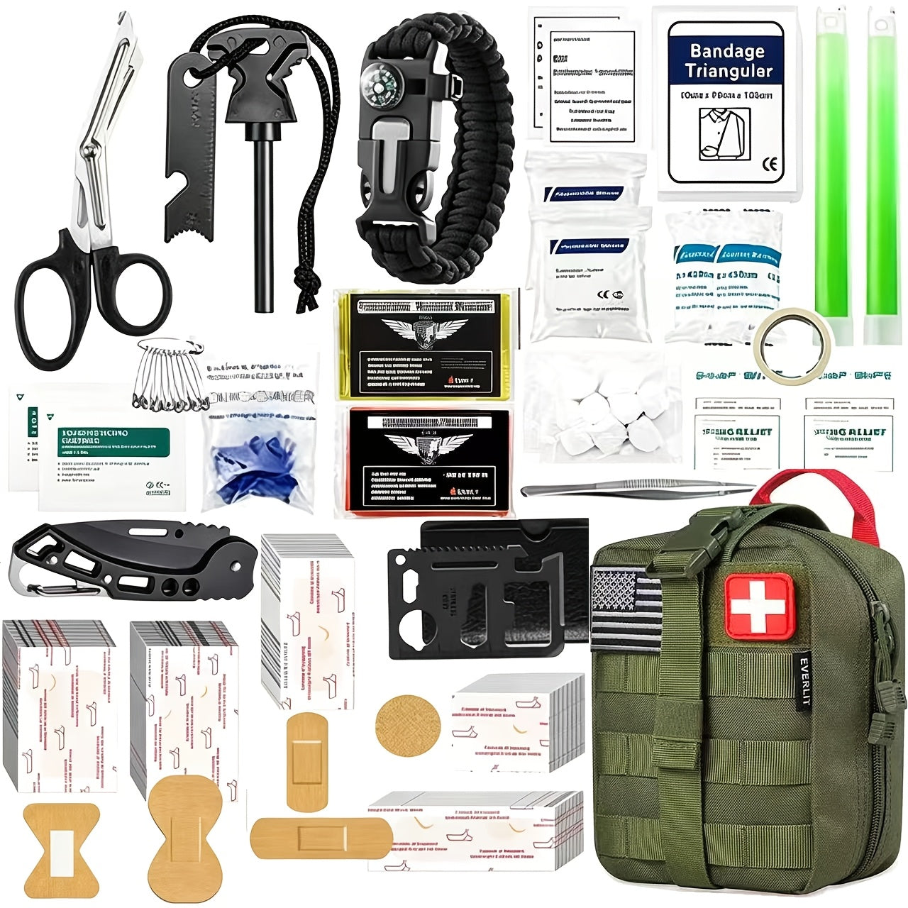 217-Piece Survival Kit with First Aid Kit & Survival Tools MOLLE Storage Bag - Outdoor Camping Hiking Emergency Gear for Men - Brown Black Khaki Green Red Orange Camouflage