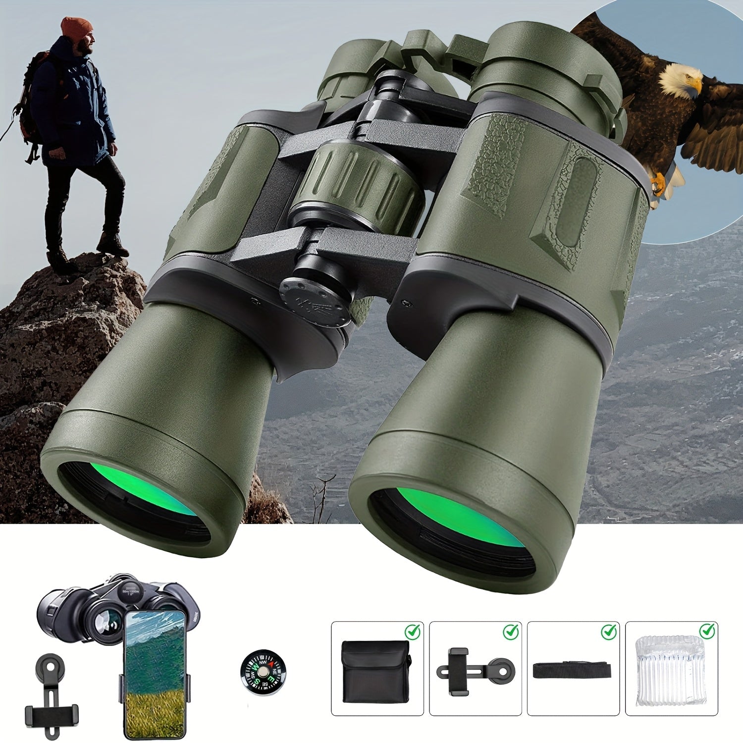 High-Powered Binoculars for Adults with Phone Adapter Bird Watching Travel Hiking Concerts Includes Carry Case and Strap Compact Lightweight Optics Black Green Mud