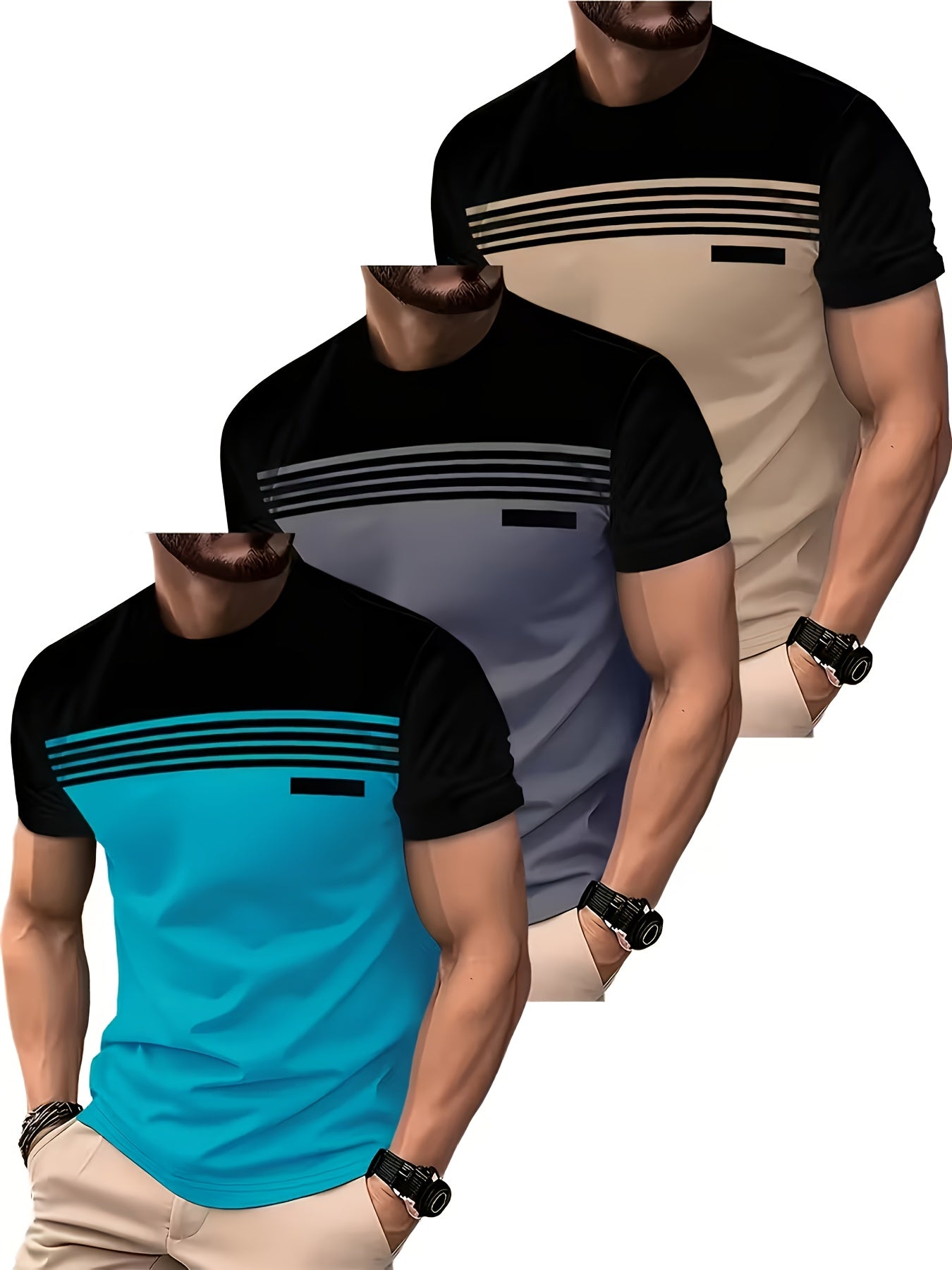 Men's Moisture Wicking T-Shirts 3 Pack Breathable Short Sleeve Vertical Stripe Athletic Tees Round Neck for Gym Beach Office Semi-Formal Wear S-XXXL