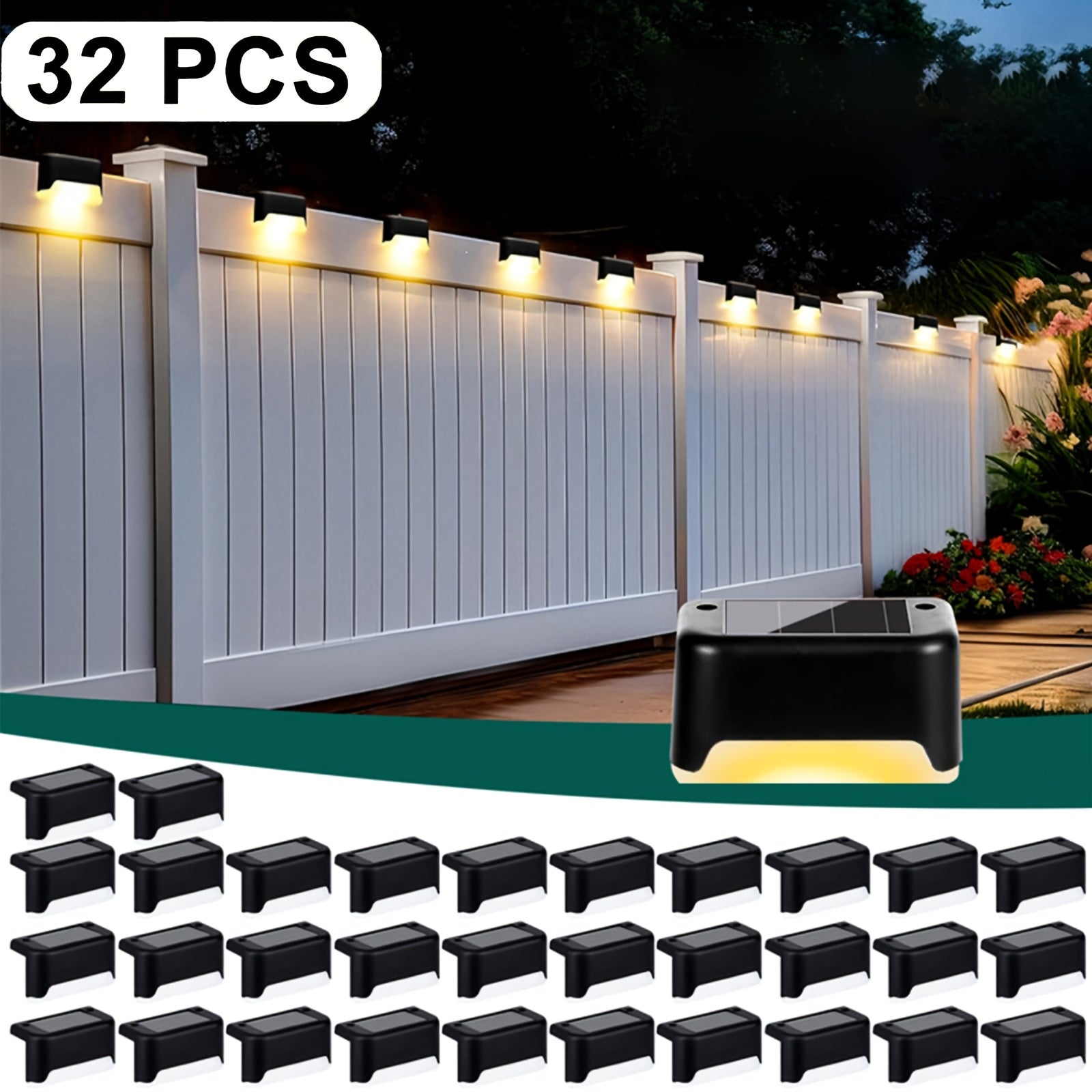 Solar LED Deck Lights Outdoor – 16 or 32 Pack, Auto On/Off Dusk to Dawn, 12-Hour Lighting for Stairs, Fence, Pathway & Patio | Step Lights for Night Safety & Garden Decor, Black/White/Brown