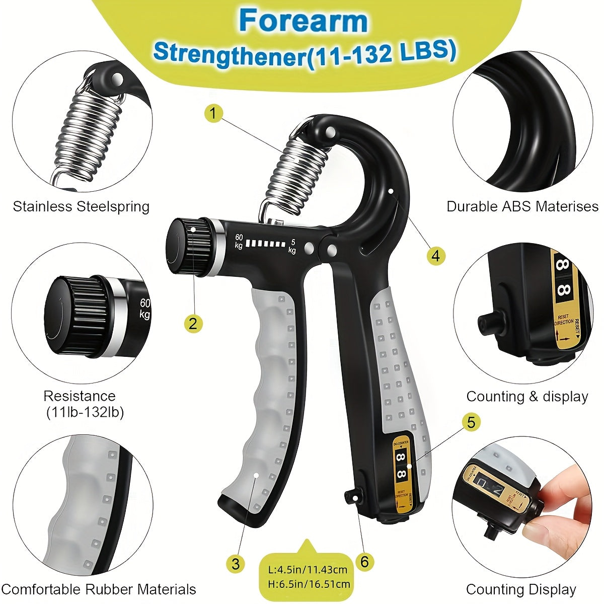 Grip Strength Trainer Set 6pcs – Adjustable Hand Gripper 10-130 lbs with Rep Counter, Finger Exerciser, Forearm Workout Rings & Finger Stretcher for Rock Climbing Fitness Sports Musicians