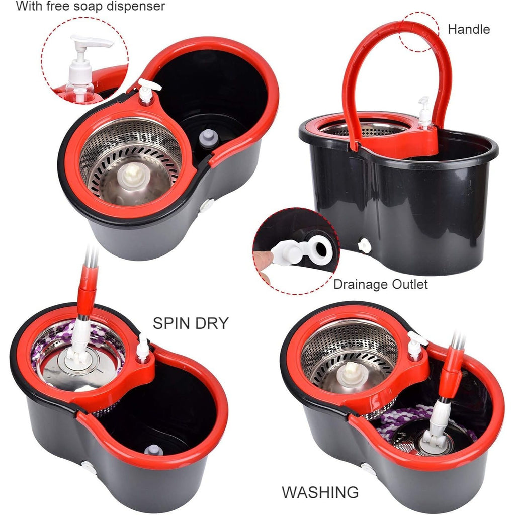 360° Spin Mop and Bucket Set with Wringer - Stainless Steel Handle, Microfiber Refills, Spinning Floor Cleaning System for Hardwood, Tile & Laminate