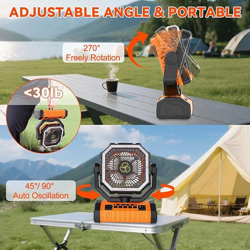 20000mAh Oscillating Camping Fan with LED Lantern & Timer – 4-Speed Rechargeable Battery Tent Fan for Outdoor Camp, RV, Jobsite & Power Outage Emergency Use