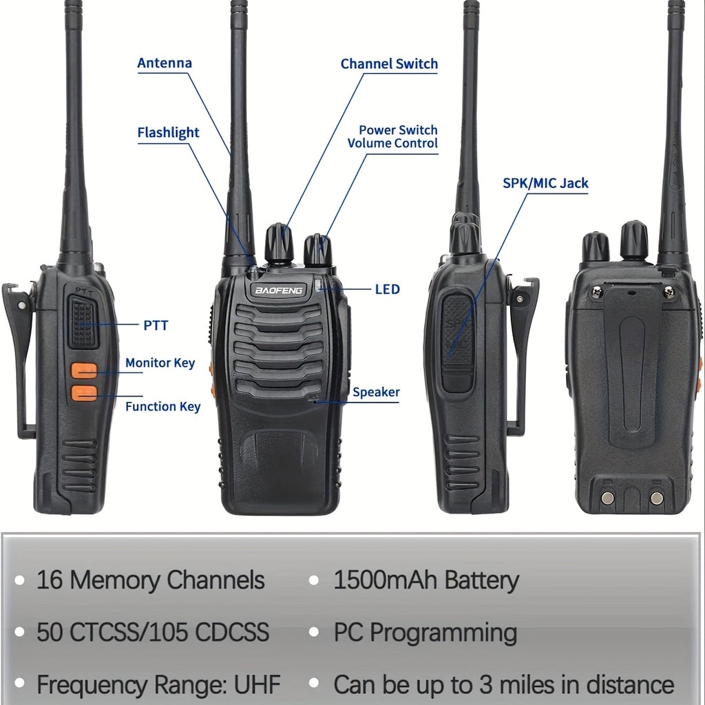 Walkie Talkies Long Range Rechargeable Baofeng BF-888S 16 Channel UHF Two Way Radio with Earphones – 2-Pack & 4-Pack for Camping Hiking Hunting