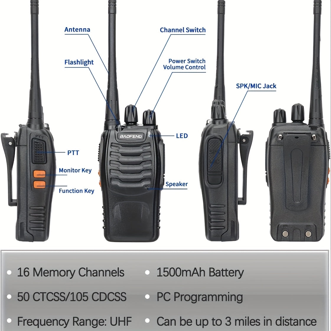 Walkie Talkies Long Range Rechargeable Baofeng BF-888S 16 Channel UHF Two Way Radio with Earphones – 2-Pack & 4-Pack for Camping Hiking Hunting