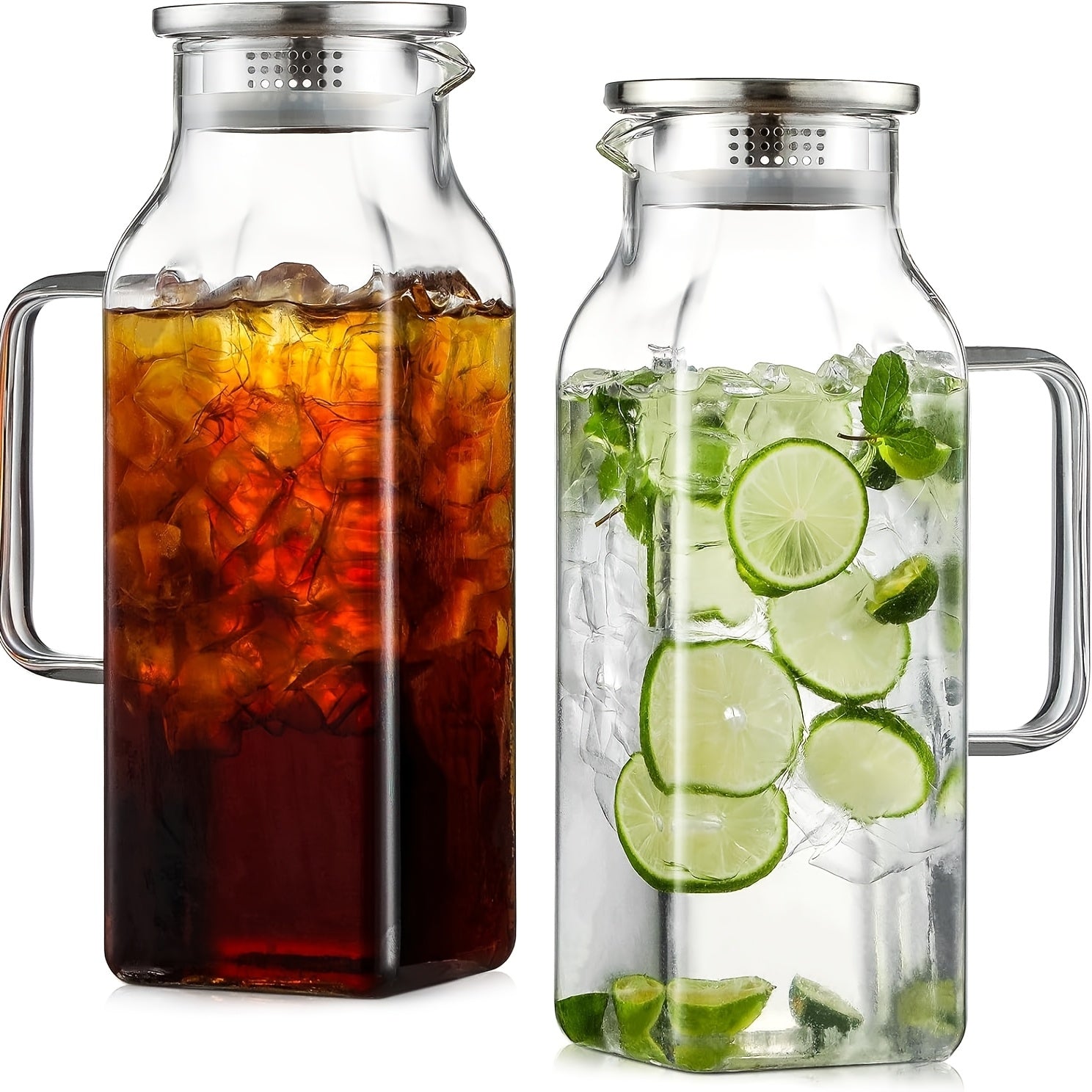 Glass Pitcher with Lid 68oz 2 Pack Square Borosilicate Glass Water Pitcher with Handle Classic Stripes Carafe for Fridge Iced Tea Coffee Cold Hot Brew Large Jug