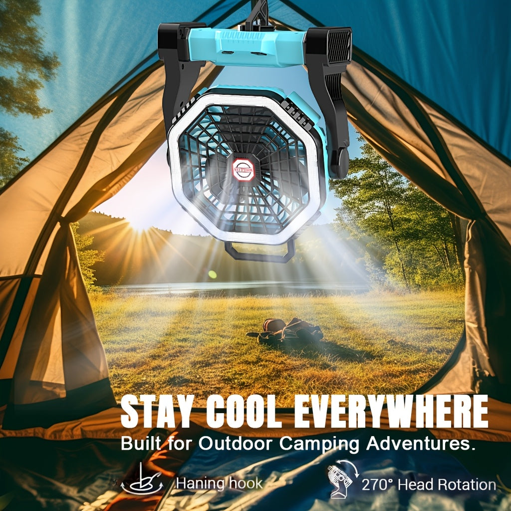 Camping Fan with LED Light Rechargeable USB Battery 4-Speed 3 Lighting Modes Hanging Rope Tent Outdoor Travel Indoor Portable