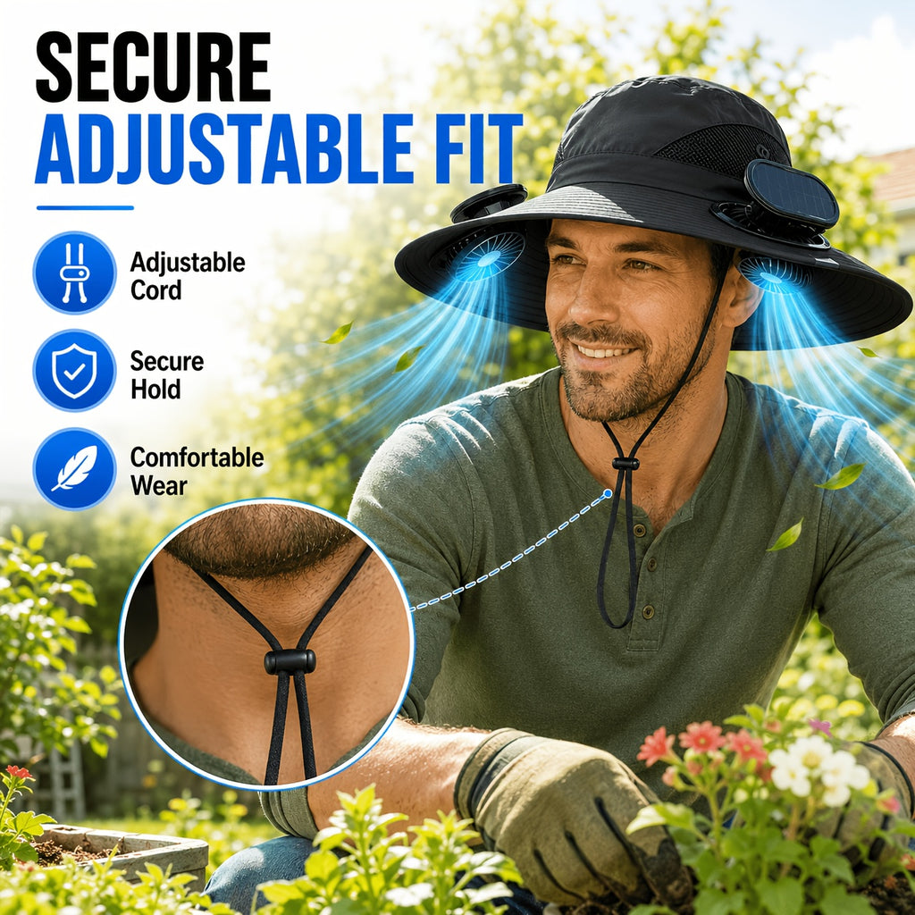 Solar Fan Hat with Built-In Cooling Fans – Breathable Wide Brim Sun Hat for Men & Women, Adjustable Speed for Hiking, Fishing, Gardening & Outdoor Summer Activities