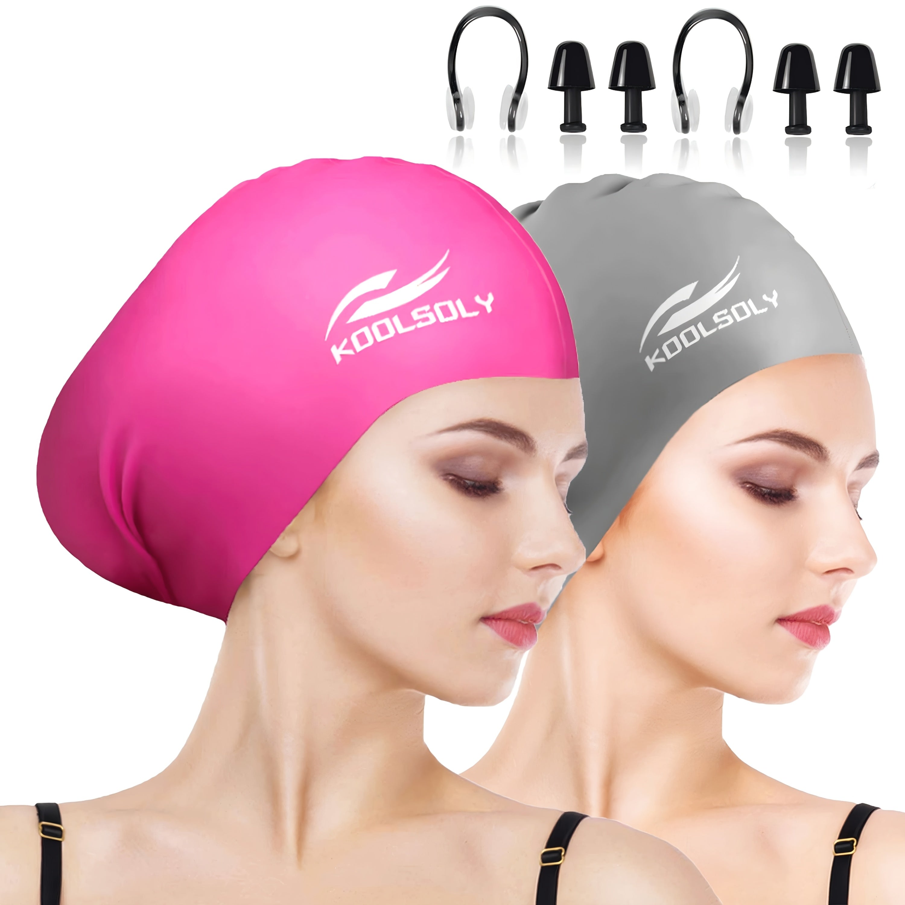 Silicone Swimming Cap 2-Pack with Ear Protection for Long Hair – Includes Earplugs & Nose Clip – Waterproof Swim Cap Set for Women Men Adults Pool Beach Lap Swimming Multiple Color Combos