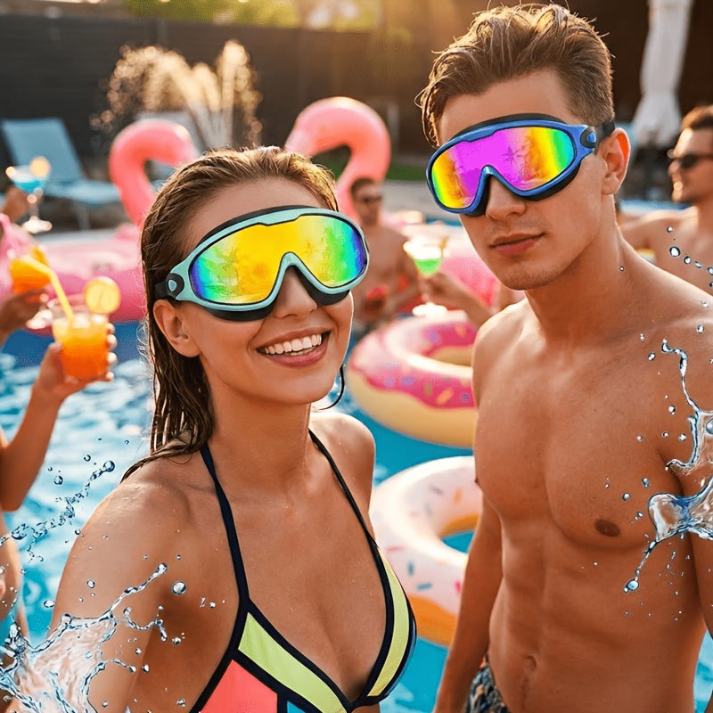 Swimming Goggles Wide View Anti-Fog No-Leak with Mirrored Lens, Earplugs & Nose Clip – UV Protection Swim Goggles for Adults, Men, Women & Youth, Triathlon & Pool