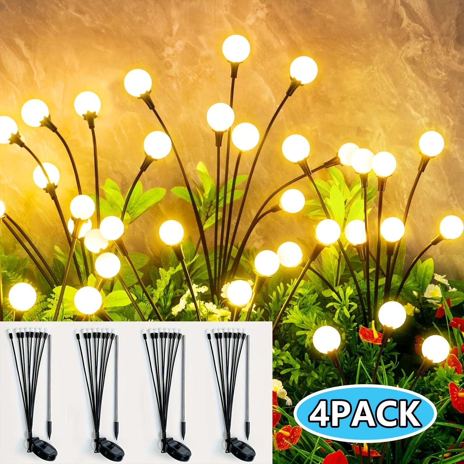 Solar Firefly Lights Outdoor – IP65 Waterproof Garden Path Lights, Warm White Glow, Easy Stake Install, 2-Pack or 4-Pack for Yard, Lawn, Courtyard, Patio & Wedding Decoration