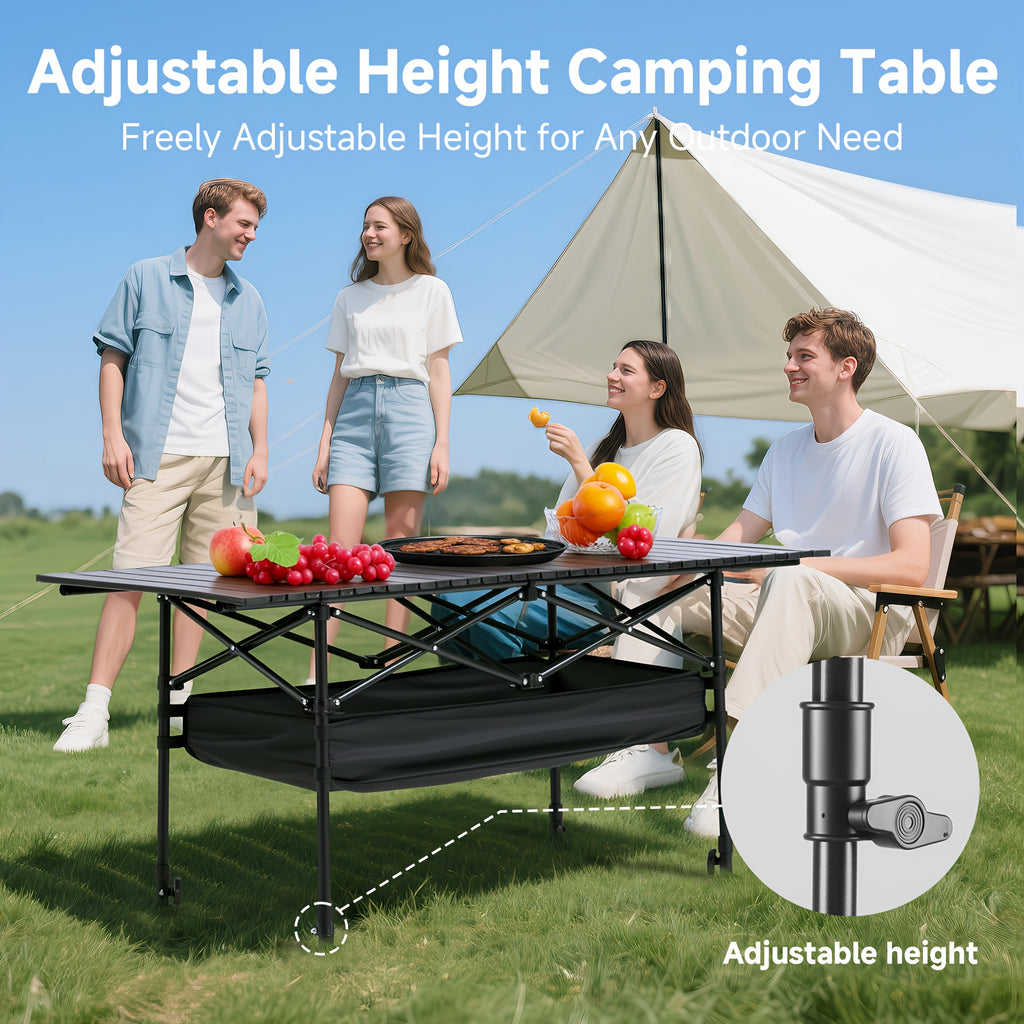 Folding Camping Table Portable Aluminum Height Adjustable with Rolling Wheels – Lightweight Outdoor Table with Mesh Storage Bag & Carry Bag for Camping, Beach, Backyard, BBQ, Patio & Picnic