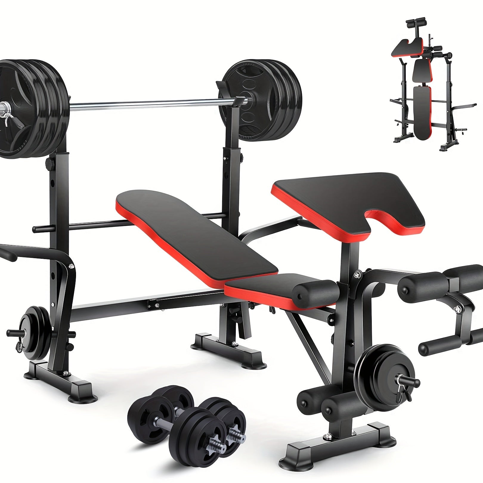 Weight Bench Set with Squat Rack – Adjustable Foldable Workout Bench Press, Leg Developer & Preacher Curl Pad for Home Gym Full Body Training | 800–1200 LBS Capacity | Black, Red, Pink
