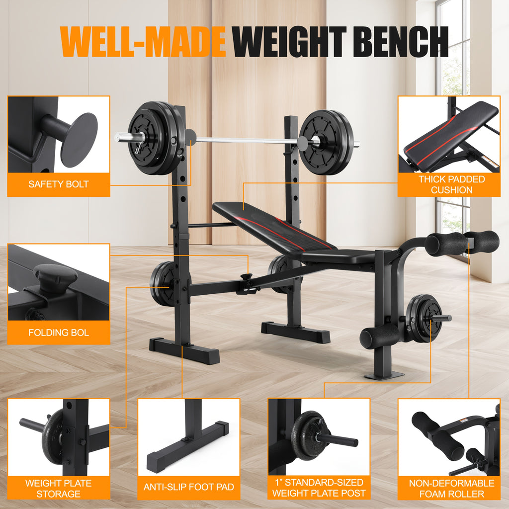 Weight Bench Set with Squat Rack – Adjustable Foldable Workout Bench Press, Leg Developer & Preacher Curl Pad for Home Gym Full Body Training | 800–1200 LBS Capacity | Black, Red, Pink