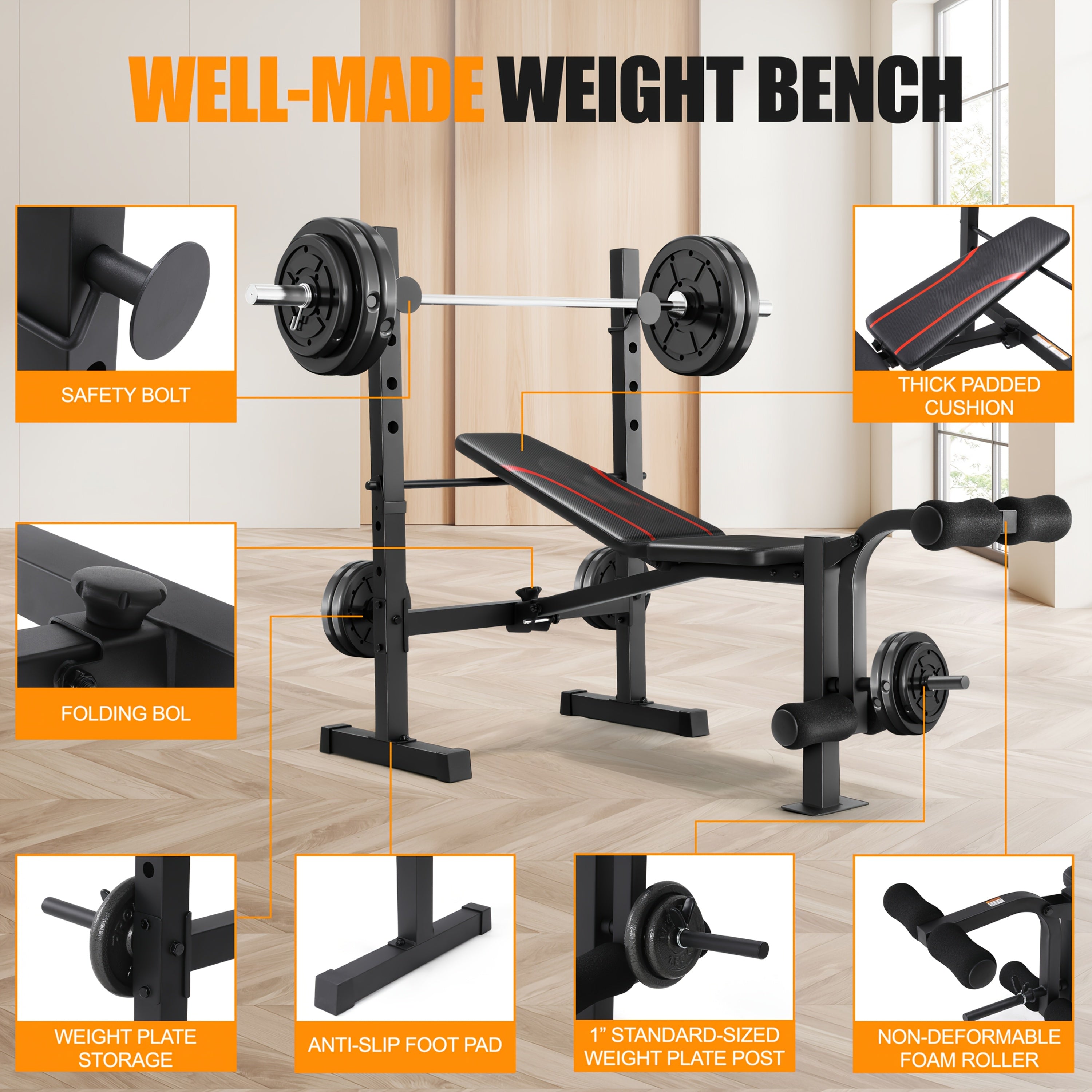 Weight Bench Set with Squat Rack – Adjustable Foldable Workout Bench Press, Leg Developer & Preacher Curl Pad for Home Gym Full Body Training | 800–1200 LBS Capacity | Black, Red, Pink