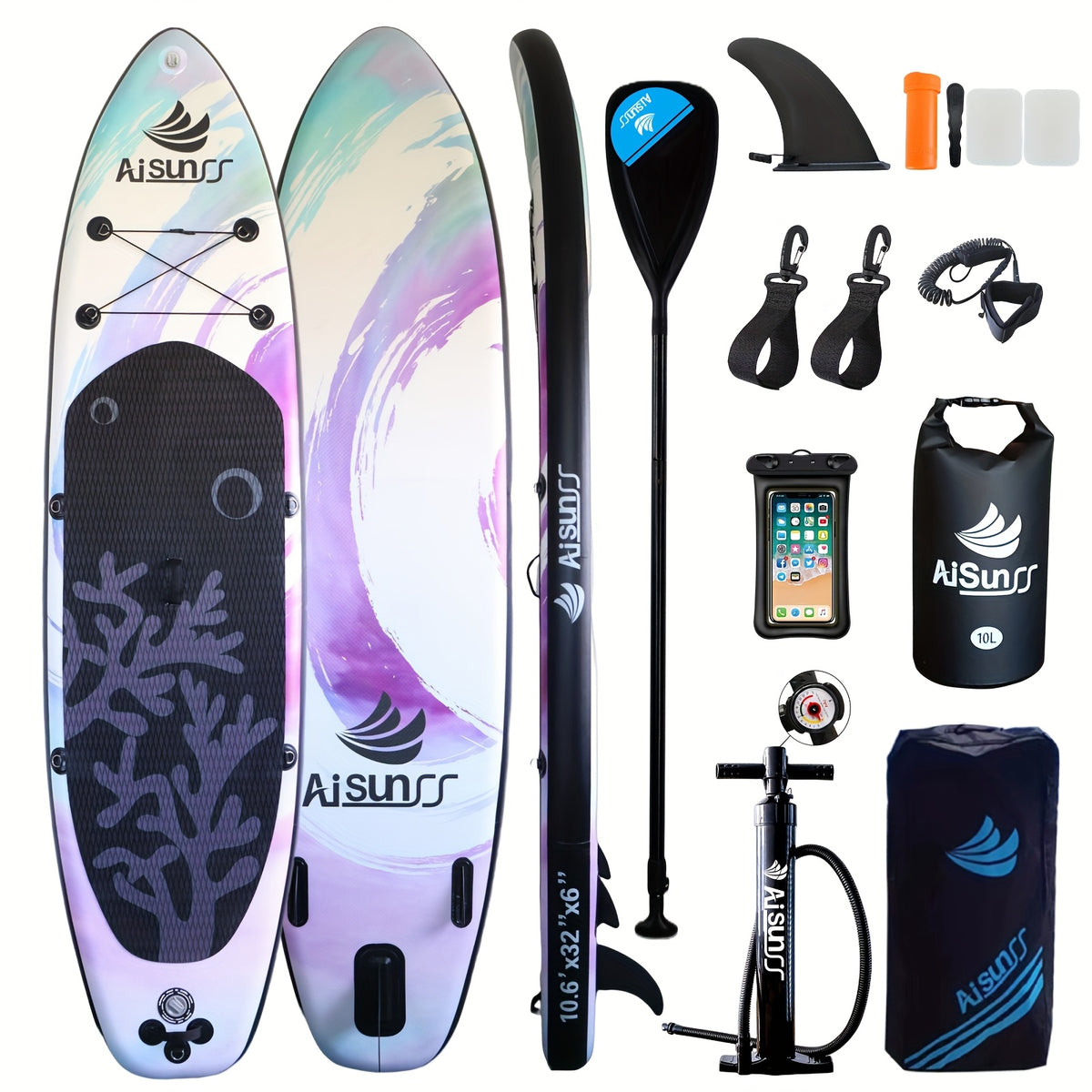 Inflatable SUP Paddle Board for Adults All Skill Levels – Wide Stand Up Board with Carry Bag Hand Pump Waterproof Bag Adjustable Paddle (Blue, Green, Purple)