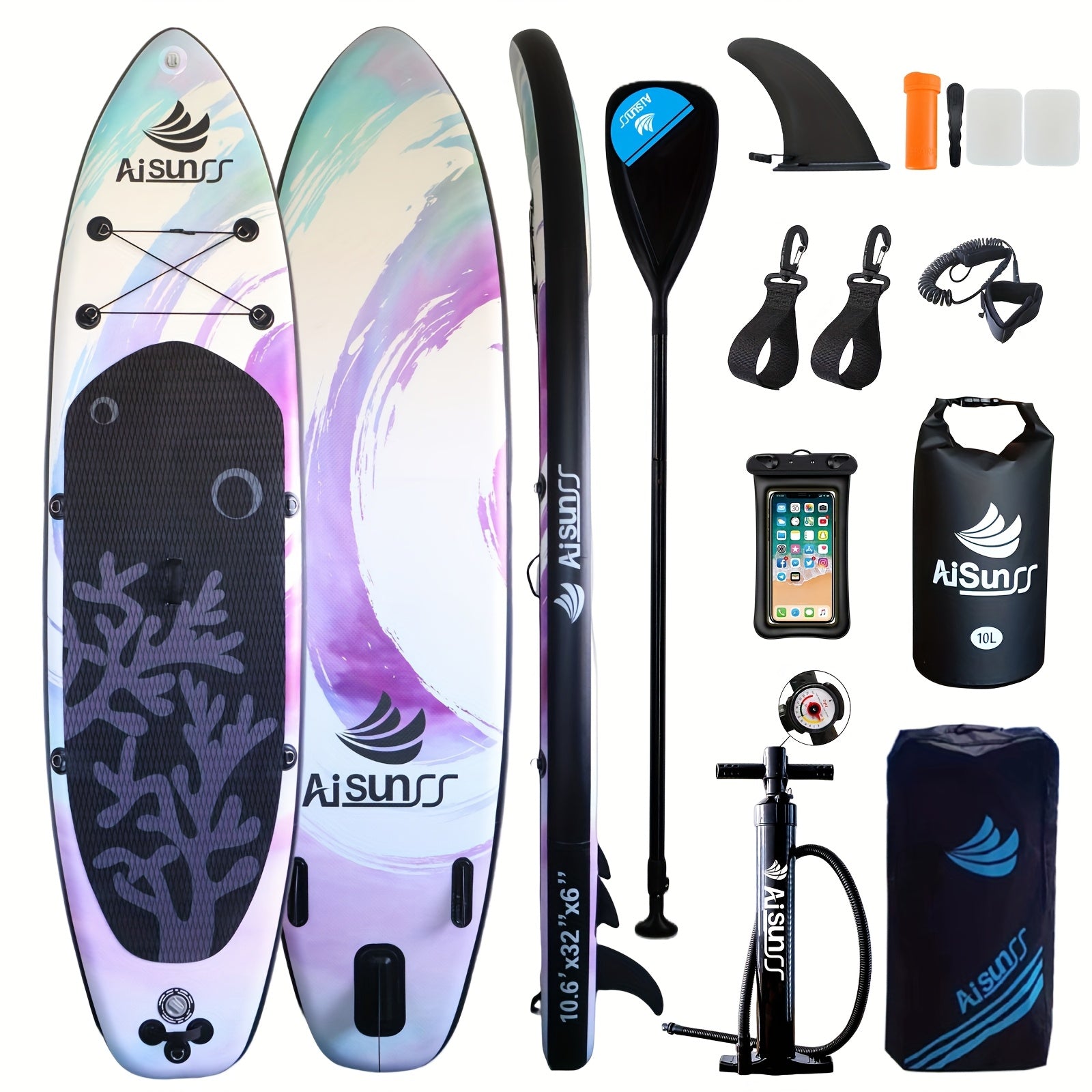 Inflatable SUP Paddle Board for Adults All Skill Levels – Wide Stand Up Board with Carry Bag Hand Pump Waterproof Bag Adjustable Paddle (Blue, Green, Purple)