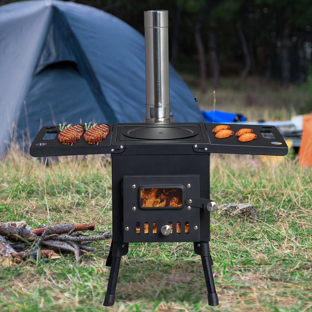 Wood Burning Camping Stove with Chimney Portable Foldable Carbon Steel Tent Stove for Camping Hunting Ice Fishing Backpacking Outdoor Heating Cooking