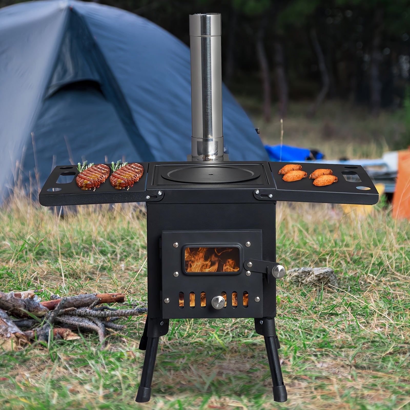 Wood Burning Camping Stove with Chimney Portable Foldable Carbon Steel Tent Stove for Camping Hunting Ice Fishing Backpacking Outdoor Heating Cooking