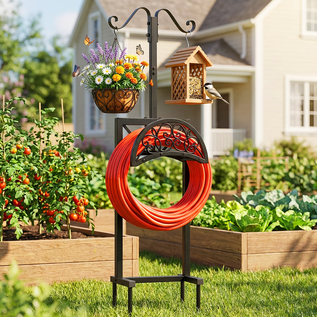 Heavy Duty Metal Garden Hose Holder Freestanding Outdoor Hose Rack Rustproof Ground Stakes for Yard Lawn Patio Garden Backyard