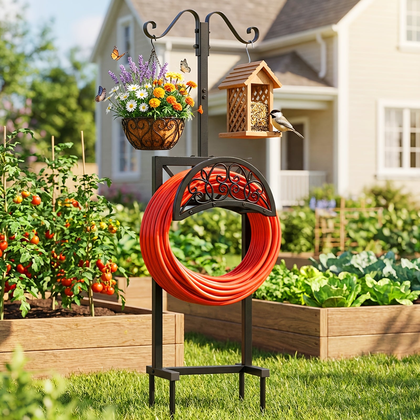 Heavy Duty Metal Garden Hose Holder Freestanding Outdoor Hose Rack Rustproof Ground Stakes for Yard Lawn Patio Garden Backyard