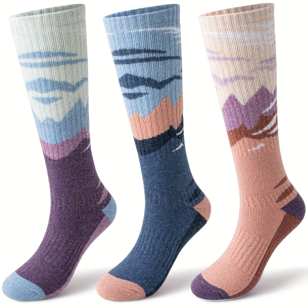 3-Pack Wool Ski Socks Knee High Thermal Winter Socks for Men & Women – Thick Warm Striped Socks for Skiing, Snowboarding & Outdoor Sports, M/L