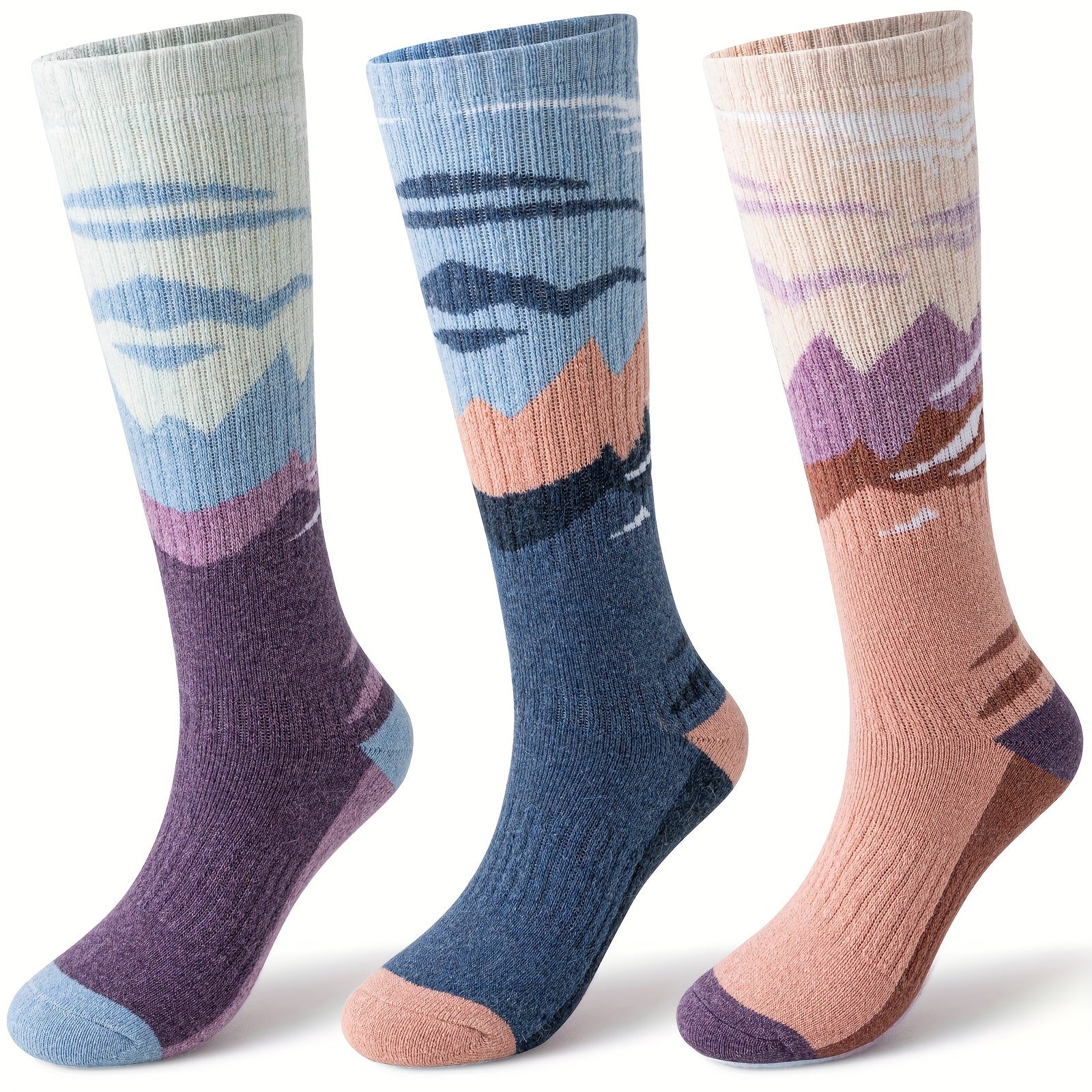 3-Pack Wool Ski Socks Knee High Thermal Winter Socks for Men & Women – Thick Warm Striped Socks for Skiing, Snowboarding & Outdoor Sports, M/L