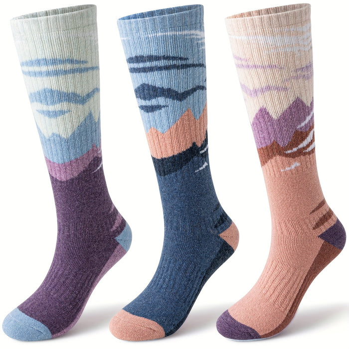 3-Pack Wool Ski Socks Knee High Thermal Winter Socks for Men & Women – Thick Warm Striped Socks for Skiing, Snowboarding & Outdoor Sports, M/L